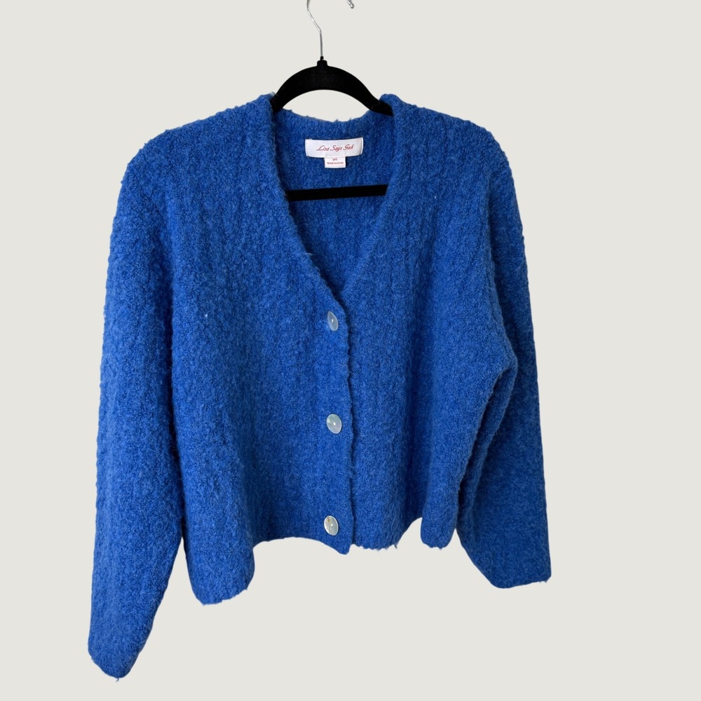 Lisa Says Gah Blue Boucle Cardigan Sweater XS/S Eclectic Preppy Cozy Fall Twee - Picture 2 of 9